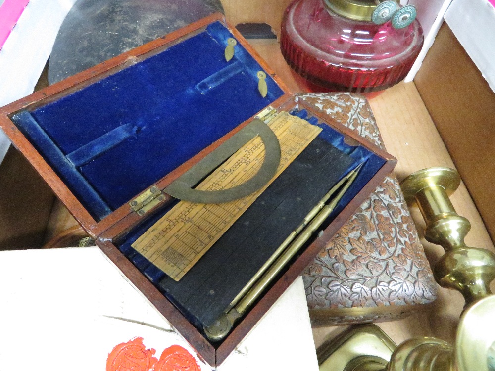 Misc. box containing early rolls Royce inspection lamp, wig box and drawing equipment - Image 4 of 5