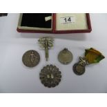 Box of silver medals and fobs plus commando SS cap badge