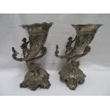 Two incredible cornucopia vases reposse work with cast monkey and fish 1216g marked Indian silver