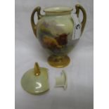 Royal Worcester signed Stinton Highland Cattle urn, damaged lid