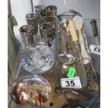 Glass and silver glasses with tray, paperweights and other silver mic.