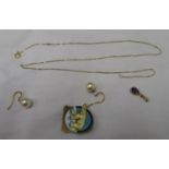 Enamelled Norweigan TYA silver art-deco brooch with 9ct gold chain and 9ct pearl earrings