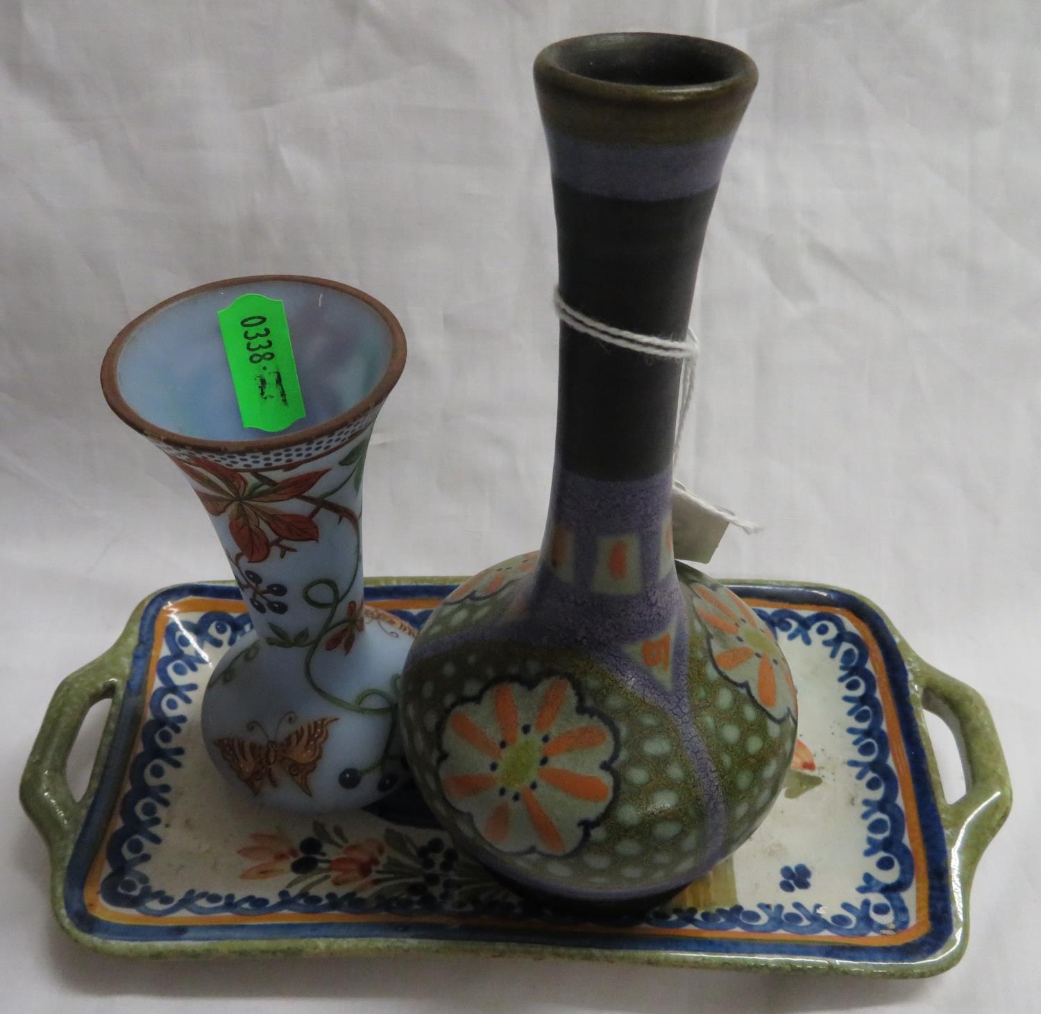 Delft coloured ware spill vase with one Delft bon bon tray and one Sevres painted glass vase