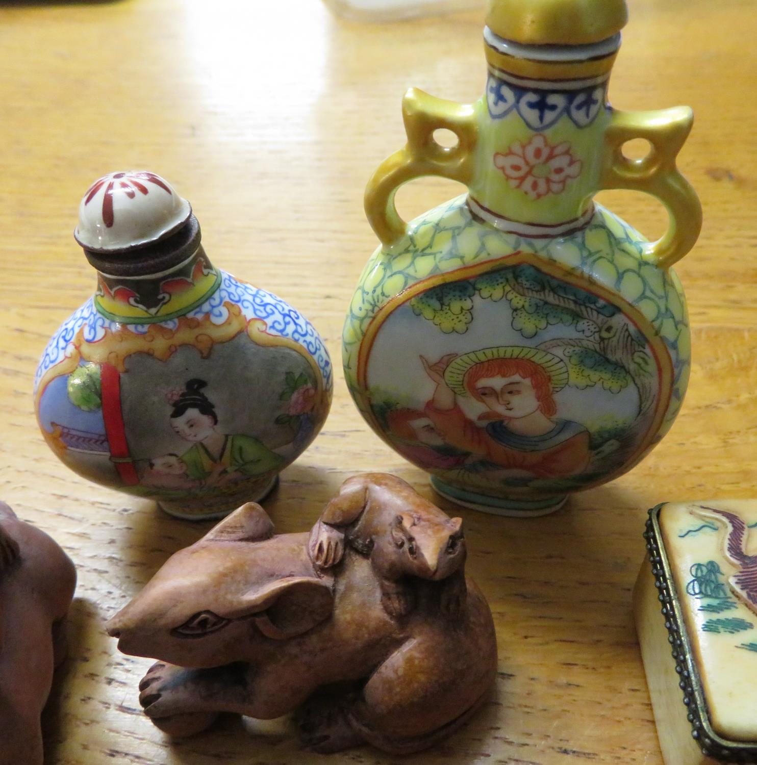 5x Japanese Netski, 2 snuff jars and a small bone box - Image 5 of 5