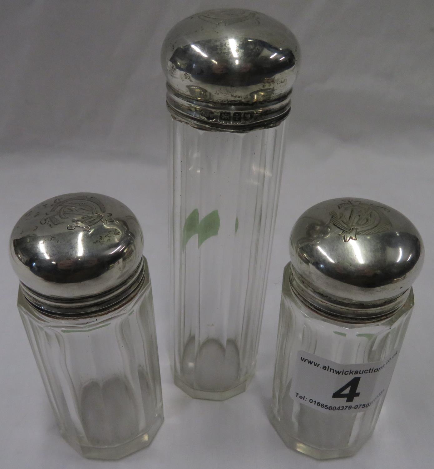 3x silver topped glass bedroom jars
