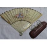 Early eye glasses and hand painted vellum and ivory fan