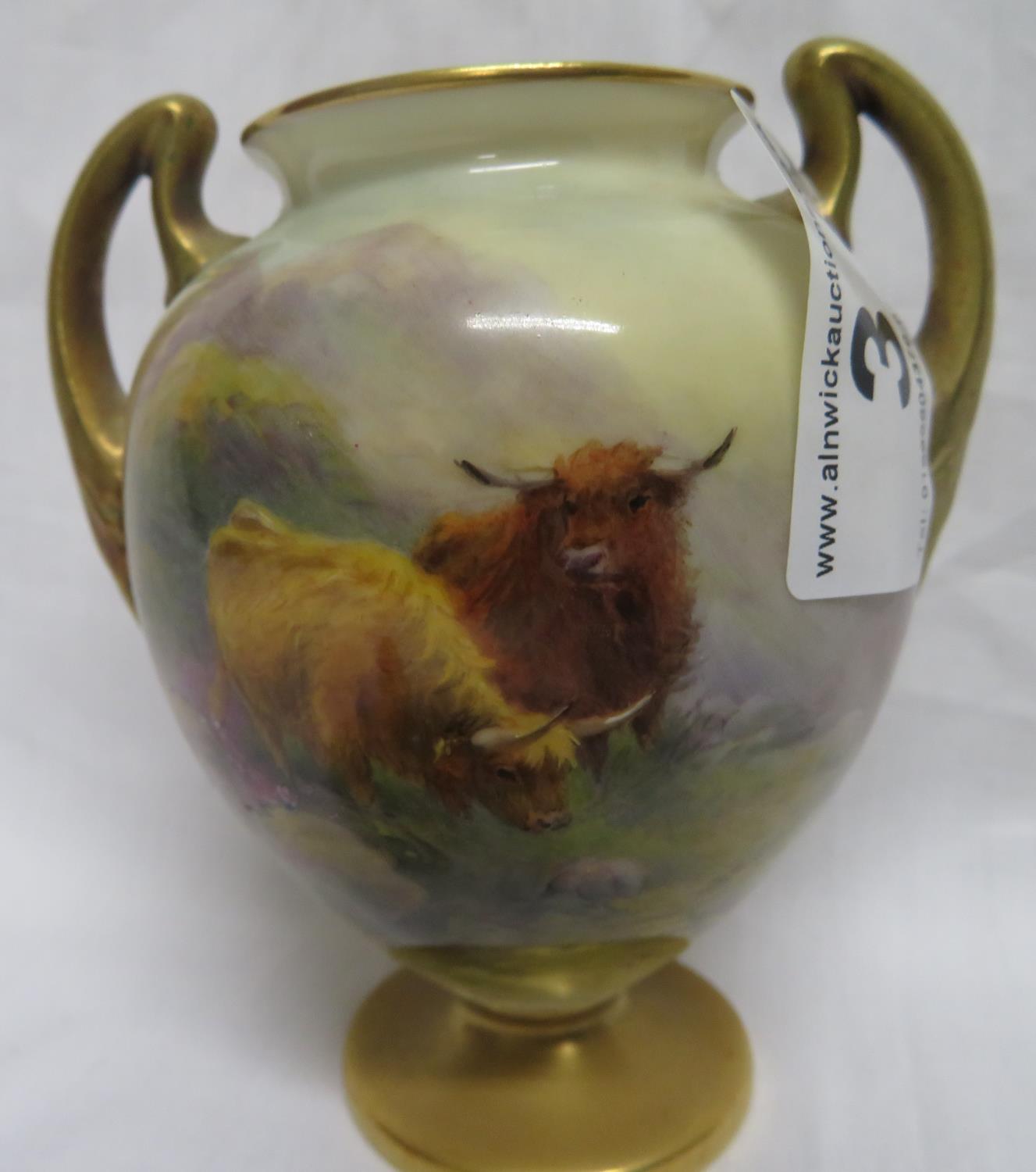 Royal Worcester signed Stinton Highland Cattle urn (damaged lid) - Image 2 of 3