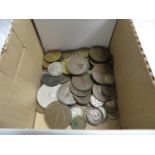 Collection of silver coins, business tokens and other penny tokens and five pound coin