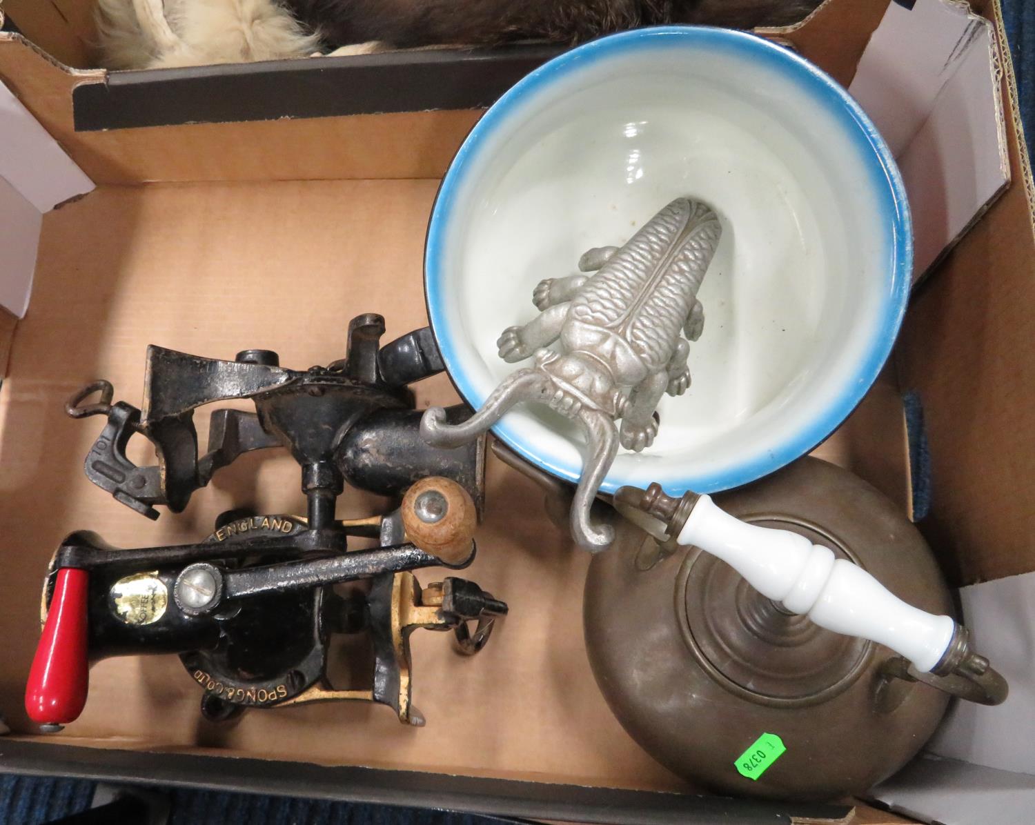 Box containing mincer, gazunder and other misc