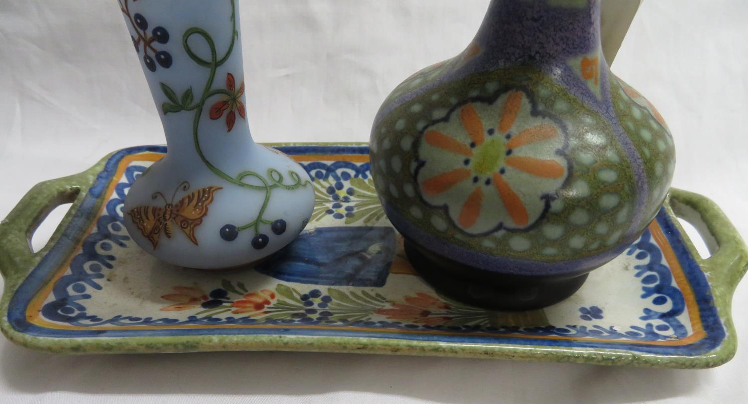 Delft coloured ware spill vase with one Delft bon bon tray and one Sevres painted glass vase - Image 2 of 4