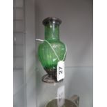 Silver rimmed green glass vase