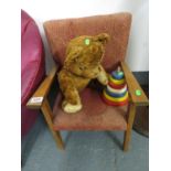 Child's chair, teddy and wooden toy