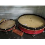 2 old wooden drums with leather skins