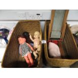 Dolls house furniture, 4 dolls and clothing and a deck chair