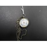Delicate silver and enamel ladies pocket watch in fully working order with silver albertina