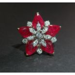 18ct WG/YG flower 5 pear ruby brilliant diamond 7.67 size 14