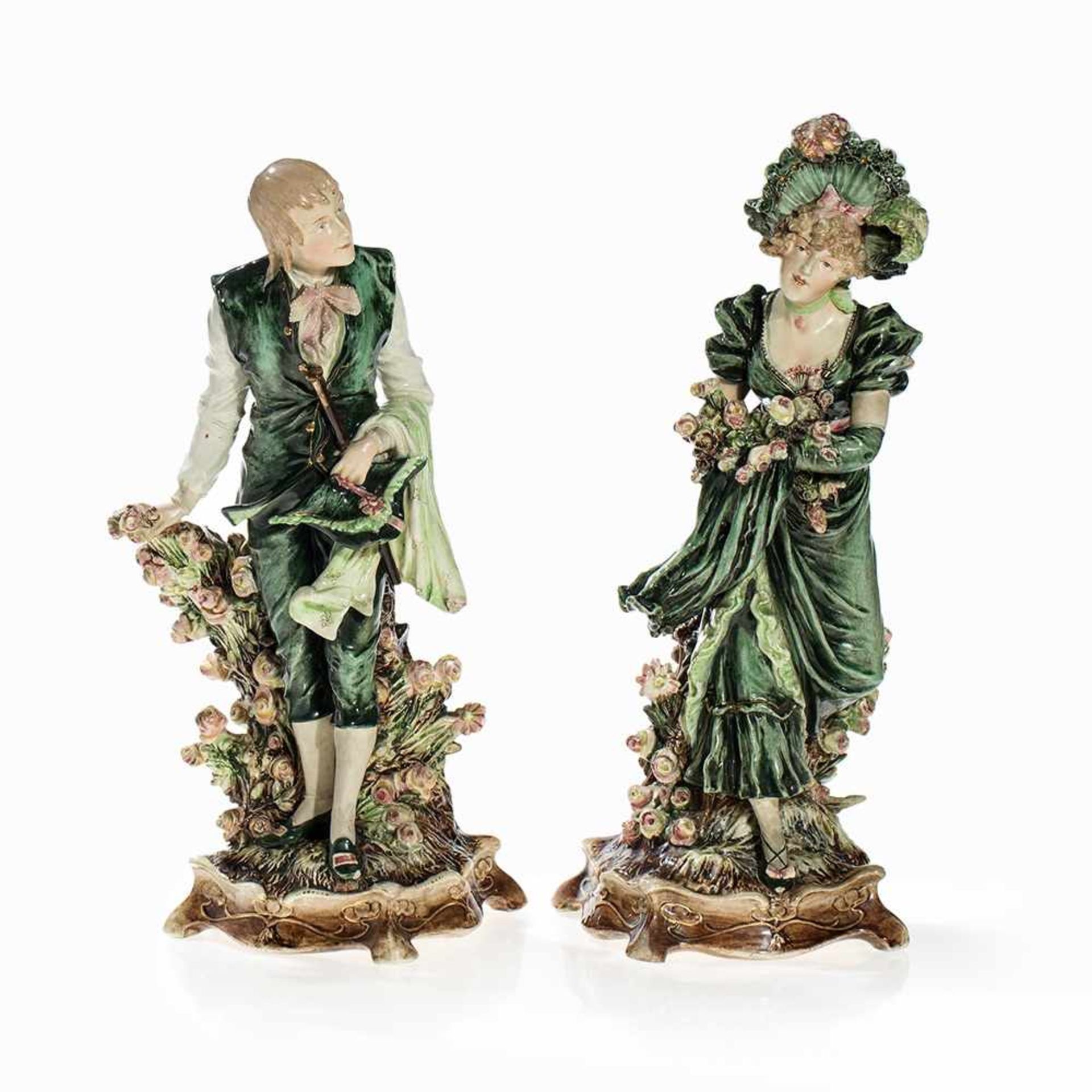 Two Art Nouveau Majolica Figures ‘Lady and Gentleman’, 1910/20 Hand-painted majolica with delicate - Bild 8 aus 16