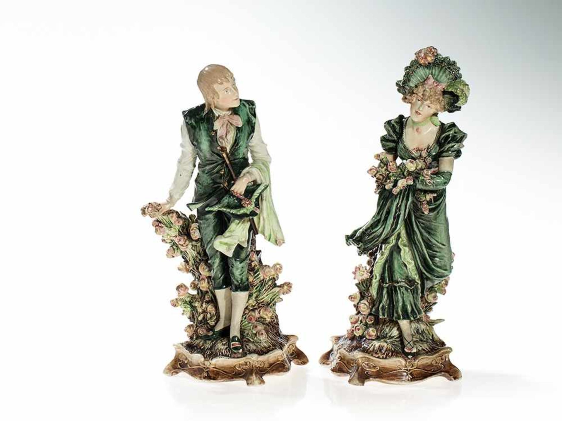 Two Art Nouveau Majolica Figures ‘Lady and Gentleman’, 1910/20 Hand-painted majolica with delicate