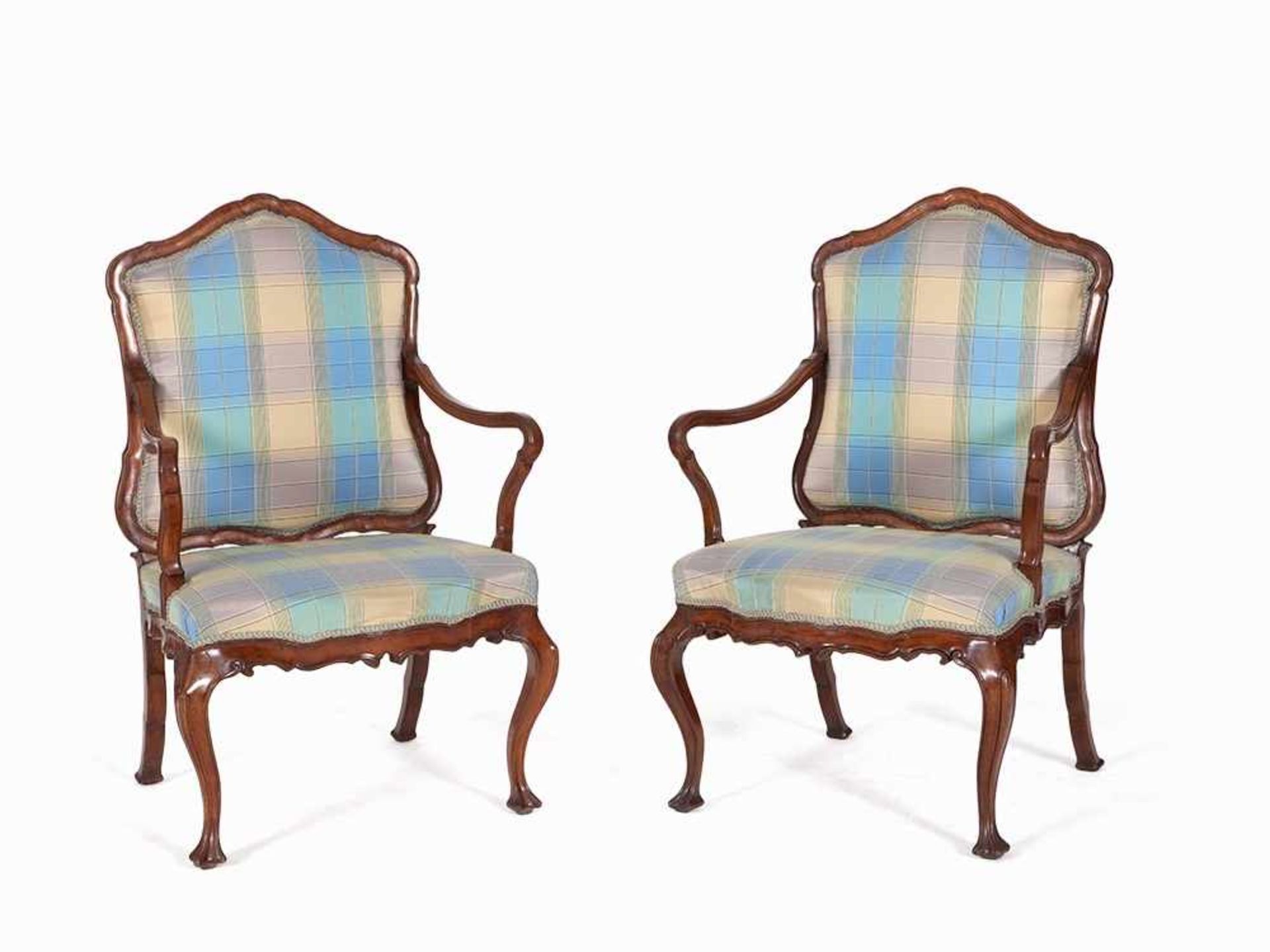 Pair of Armchairs with Curved Shapes, Italy, 18th C. Walnut, solid, cut, textile covering Italy,