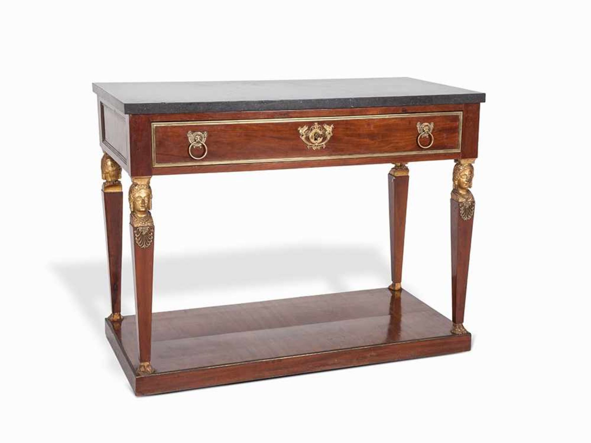 Empire, Central Table with Marble Table Top, Spain, c. 1820 Mahogany, veneered, wood, cut &