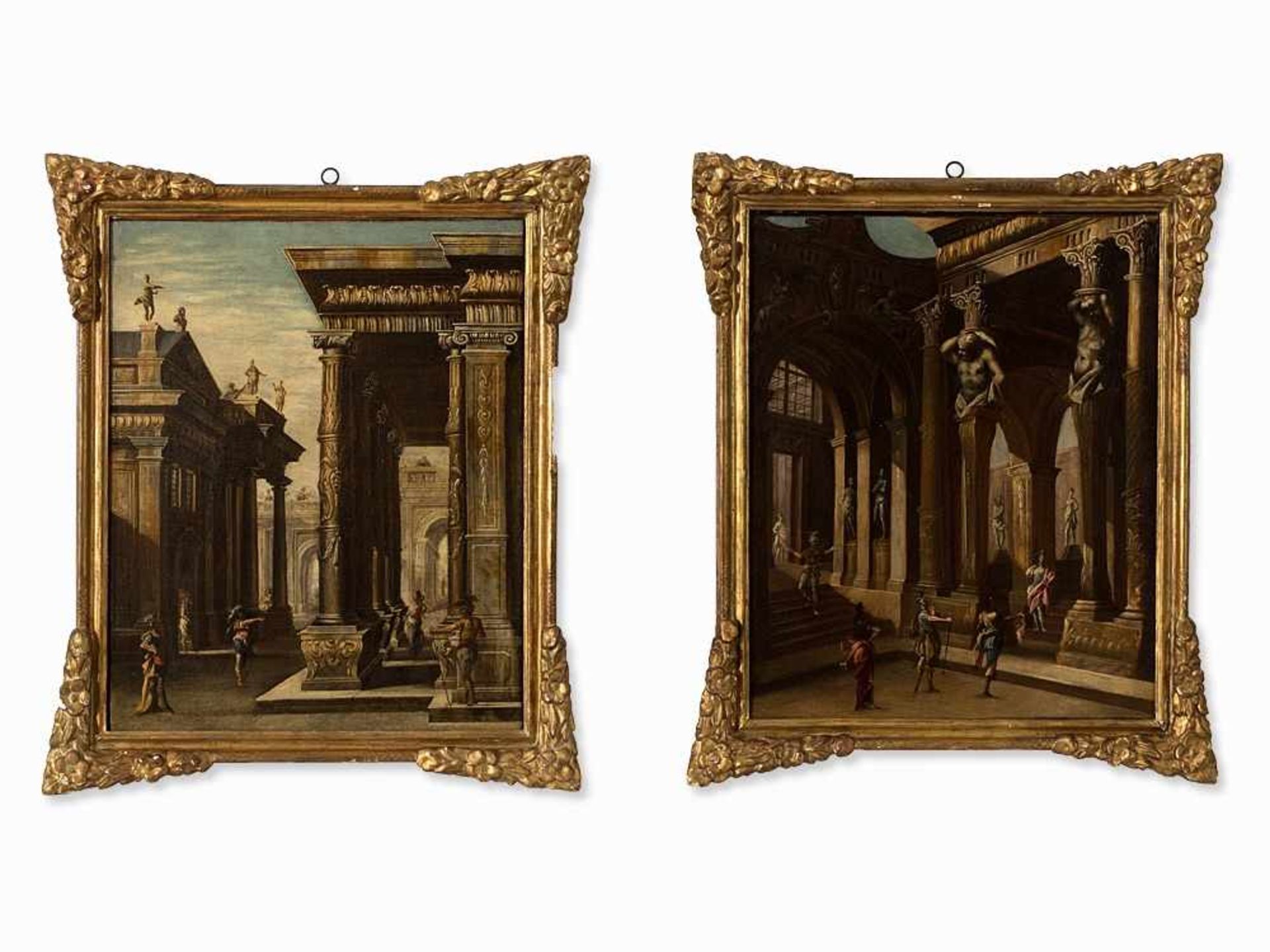 Italian School, Two Architectural Capricci, Oil, 17th C. Oil on canvas, relined Italy, 17th