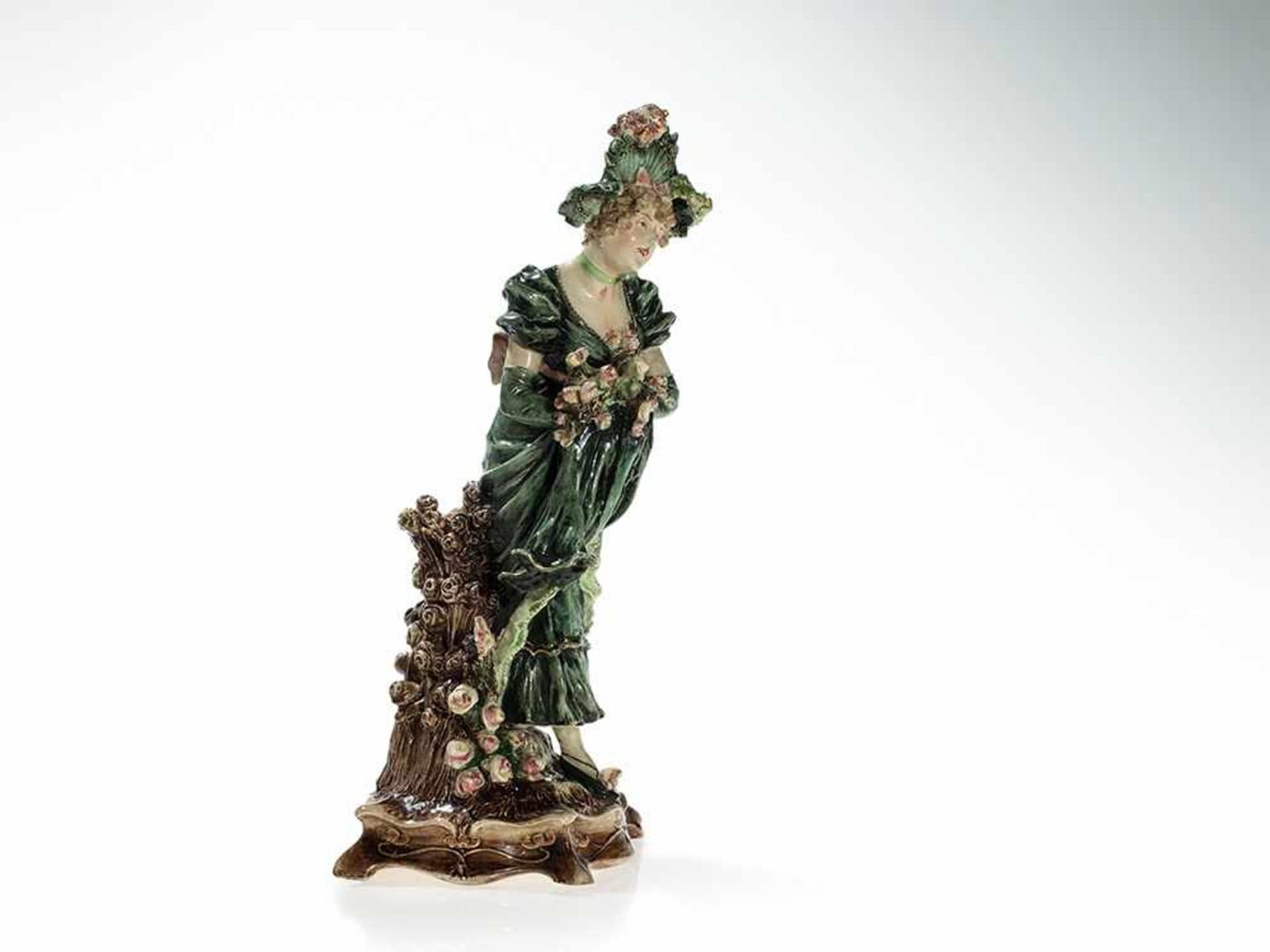 Two Art Nouveau Majolica Figures ‘Lady and Gentleman’, 1910/20 Hand-painted majolica with delicate - Bild 13 aus 16