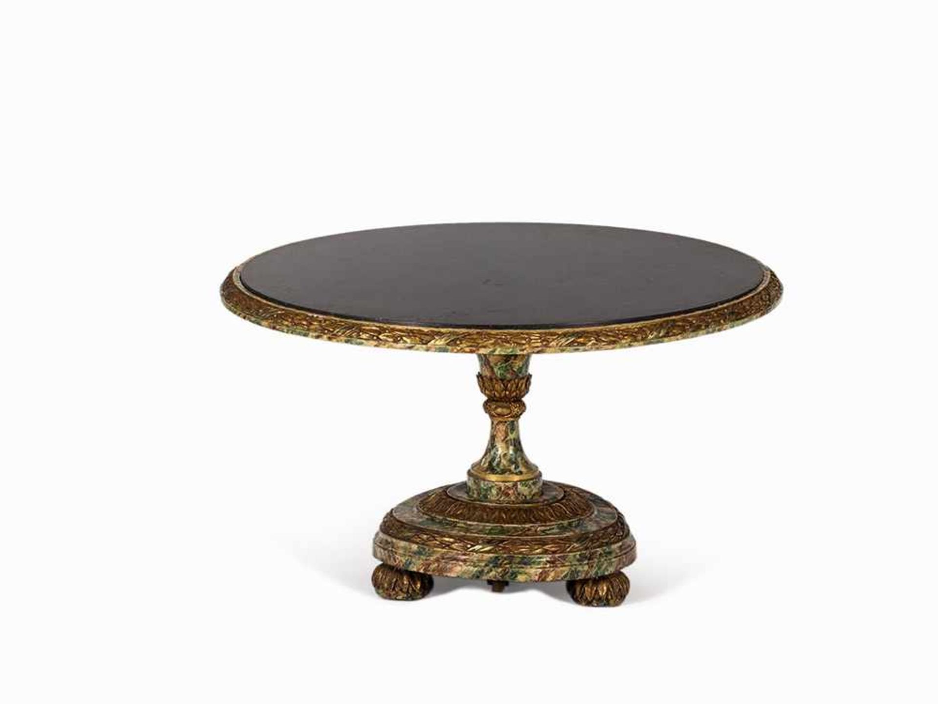 Circular Table, With Marble Finishing, Late 18th C. Softwood, polychrome painted and partly