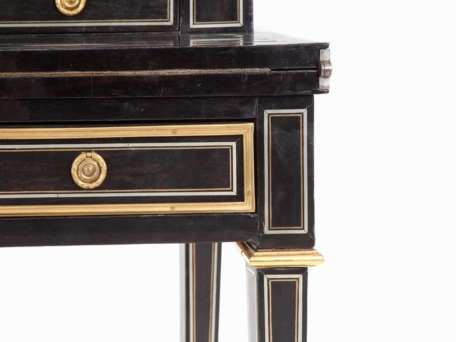 Bonheur Du Jour, Ebony-Veneered, France, Late 18th C. Ebony and mahogany veneer, mother-of-pearl, - Bild 10 aus 13