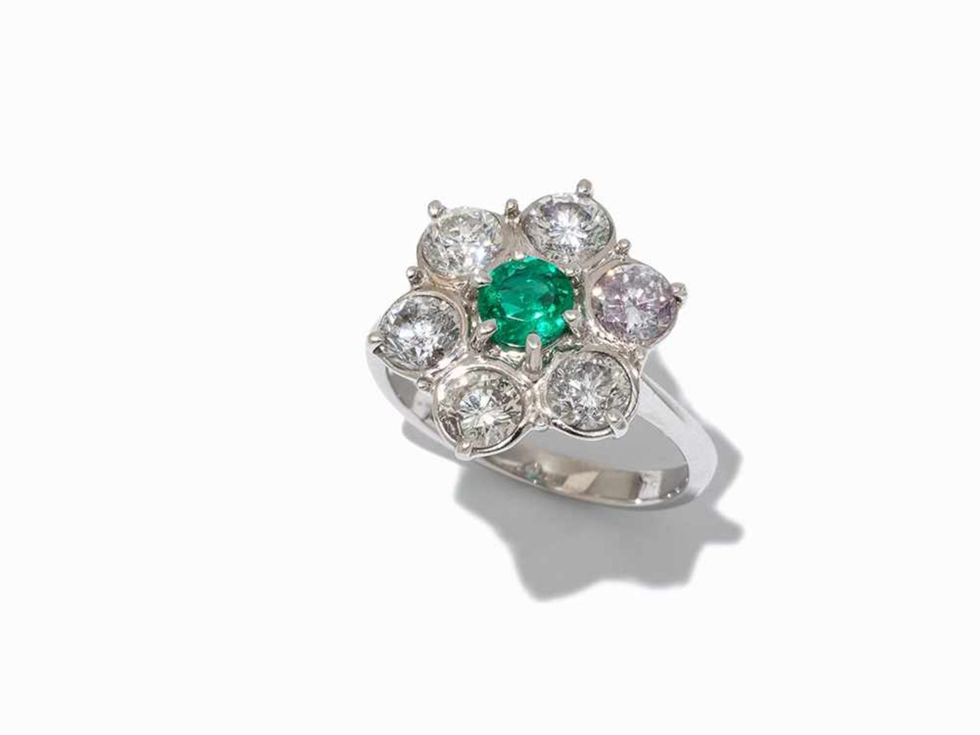 Emerald Ring with Flower-Shaped Diamond Border, 18K White Gold 18 karat white gold Hallmarked with