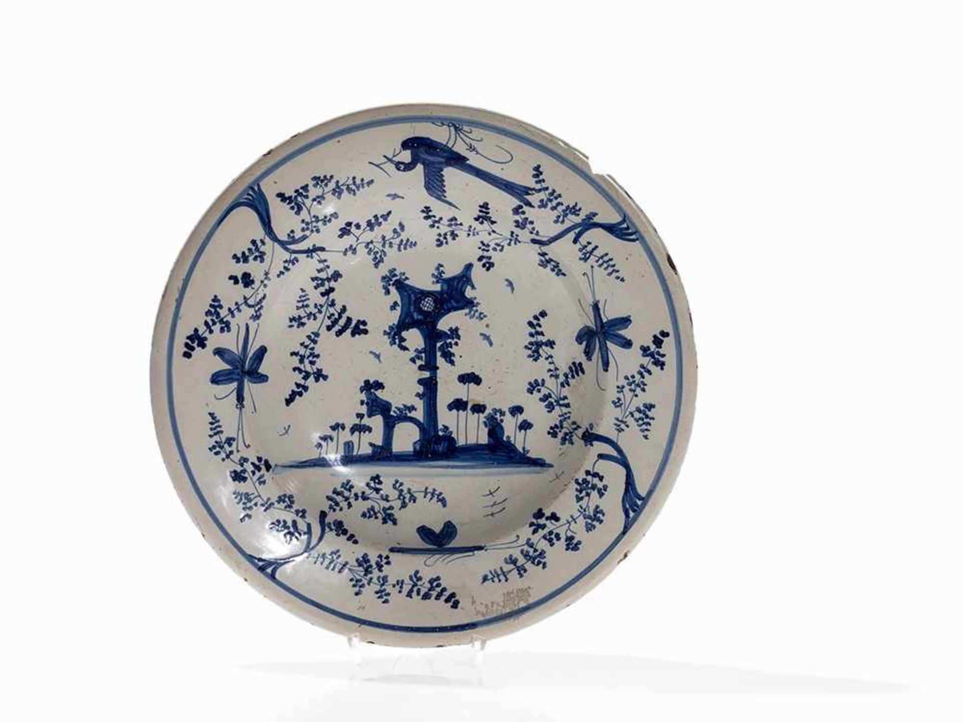 Maiolica Dish with Blue-White-Décor, Italy, 18th Century Maiolica, white glaze with blue paintingh