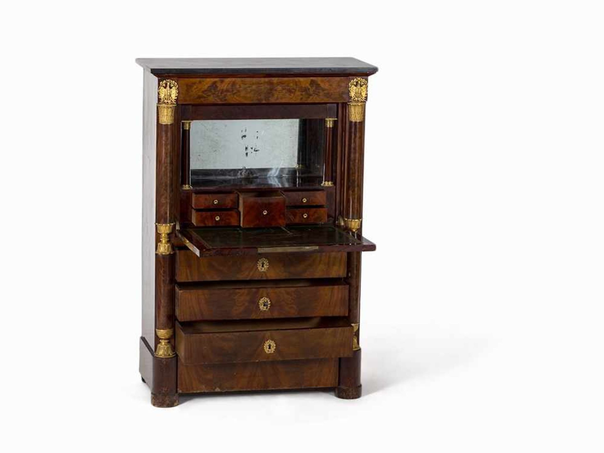 Empire Secretary, Mahogany Veneered, France, c. 1800 Mahogany veneered, gilded bronze, black marble, - Bild 2 aus 15