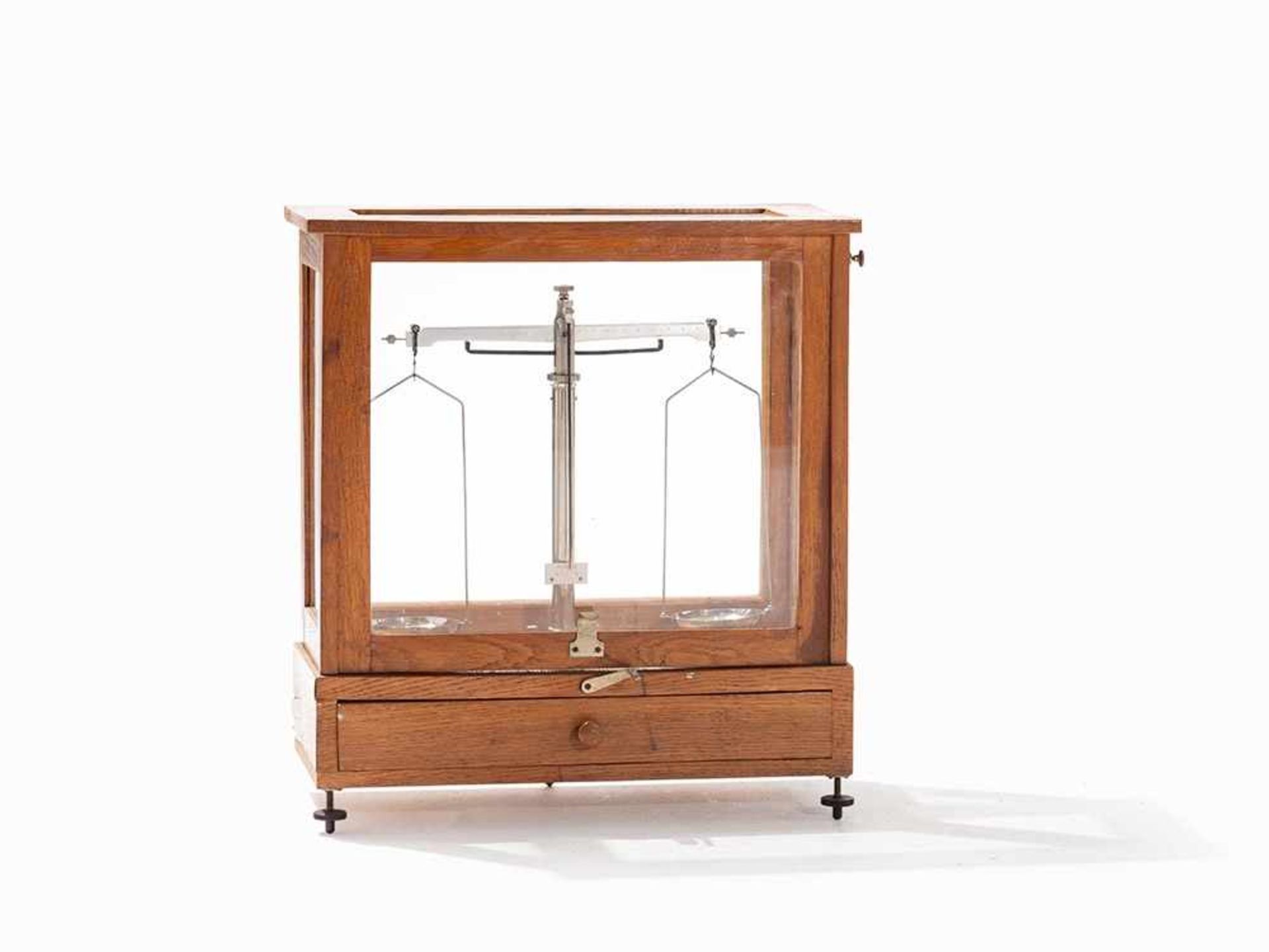 Specific Scale in Cabinet, Double Arms, Germany, around 1920 Brass, chrome-plated; metal; wood;