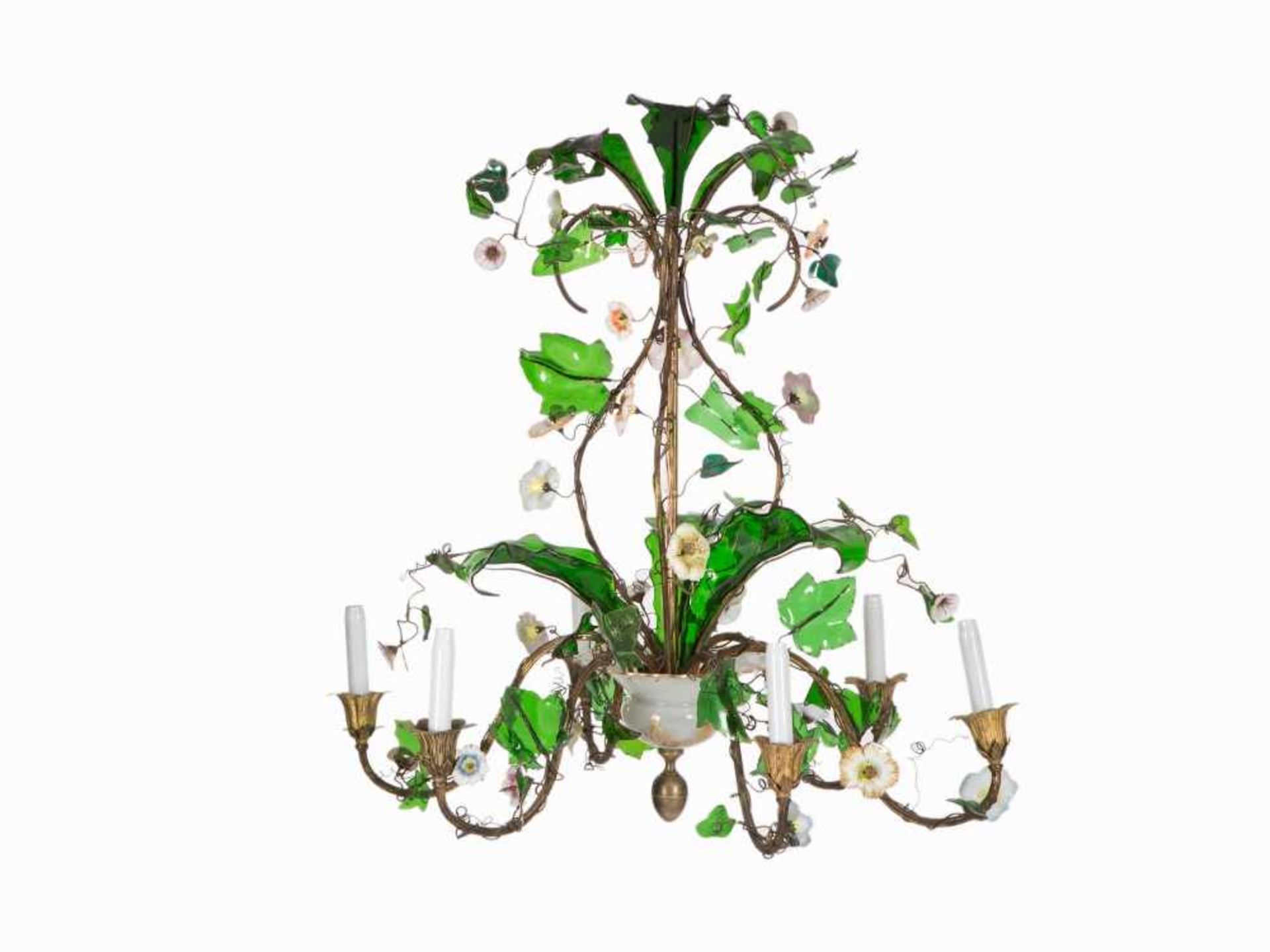 J. & L. Lobmeyer, 6-Flame Floral Chandelier, Austria, c. 1850 Metal, brass-plated, glass, - Bild 7 aus 8