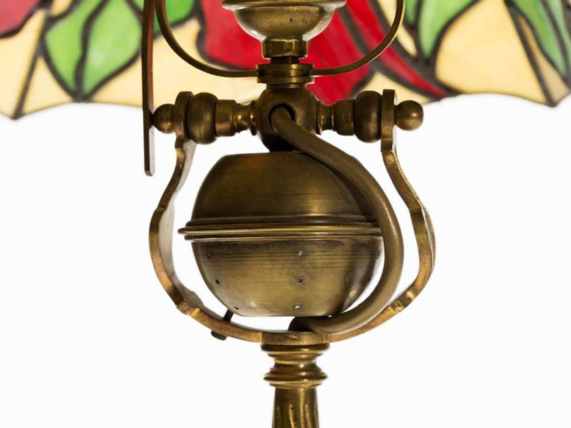 Tiffany Style, Table Lamp, Germany, 19 / 20th C. Brass, synthetics, porcelain, plumb Germany, 19/ - Bild 5 aus 6