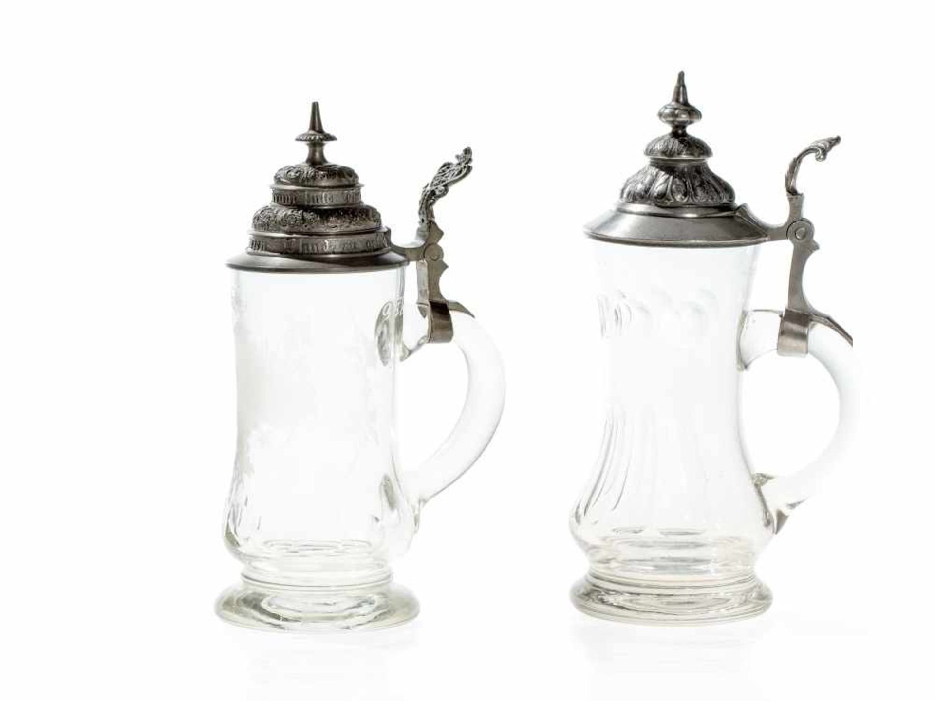 Two Lidded Beer Steins with Pewter Lids, Germany, around 1900 Cut glass with pewter elements