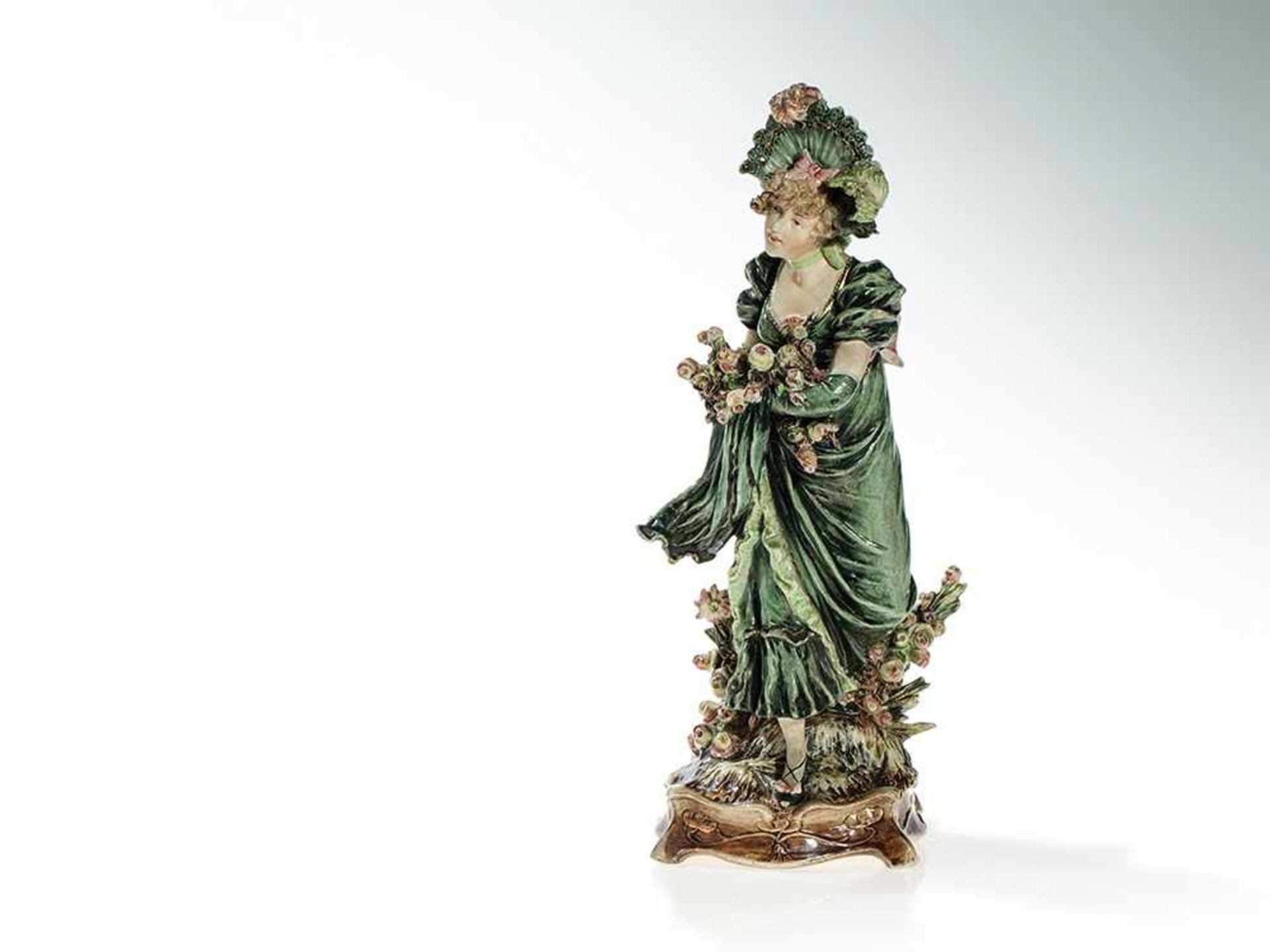 Two Art Nouveau Majolica Figures ‘Lady and Gentleman’, 1910/20 Hand-painted majolica with delicate - Bild 9 aus 16