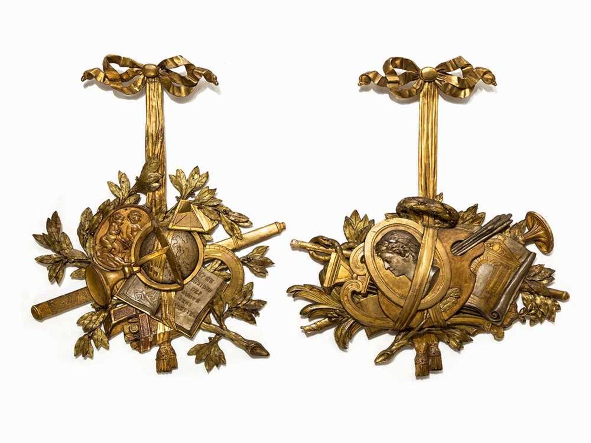 Louis XVI, Important Pair of Trophies, France, 18th C. Wood, carved, gilded in four colors of