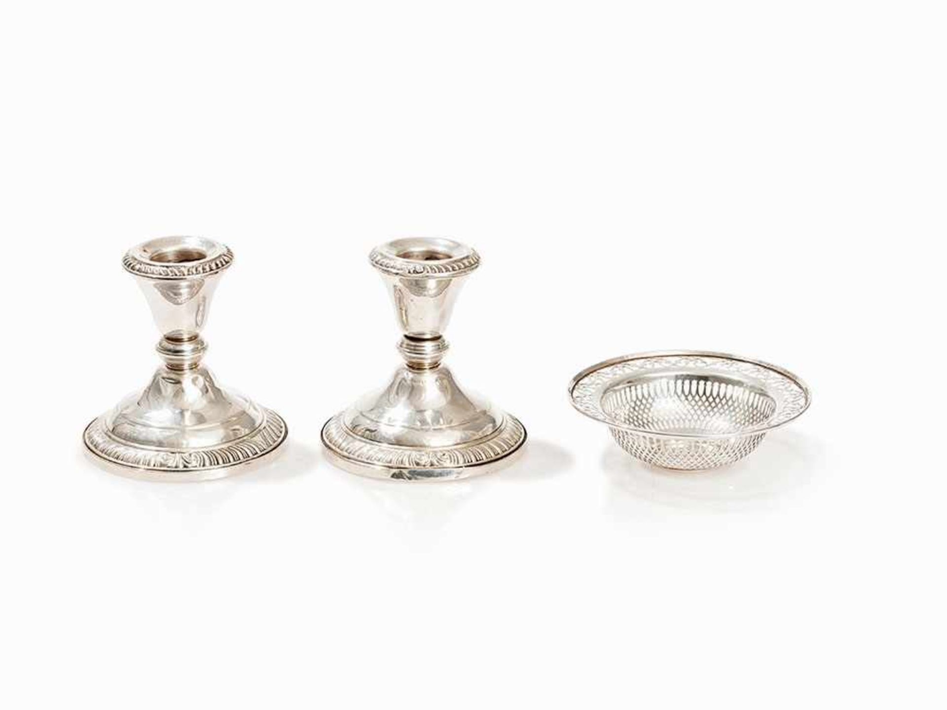 Pair of Silver Candlesticks & Small Silver Bowl, USA, c. 1940 925 sterling silver, weighted USA,