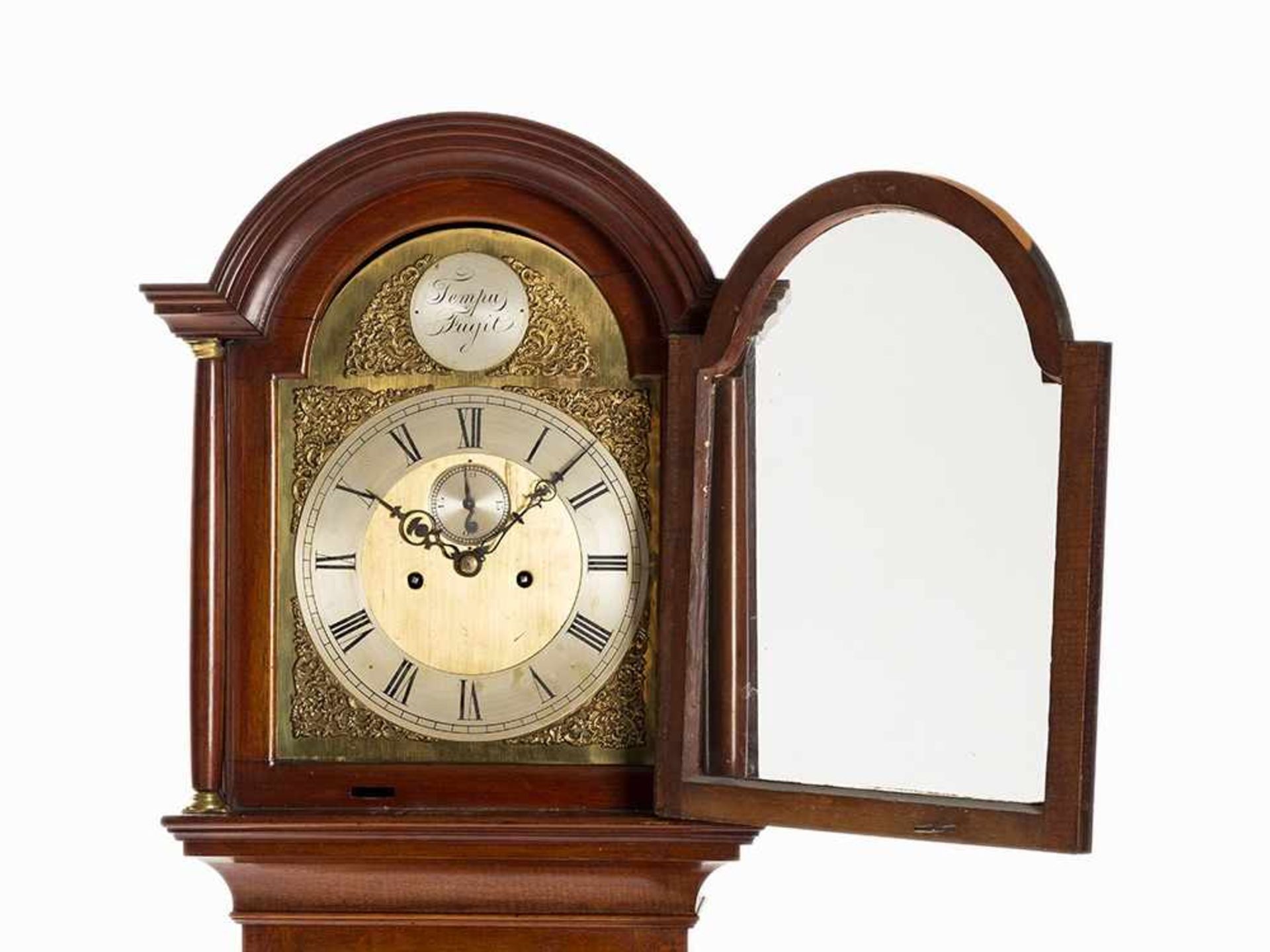 English Long Case Clock, Hour Strike & Small Second, 19th C. Mahogany veneer, brass, various metals, - Bild 5 aus 12