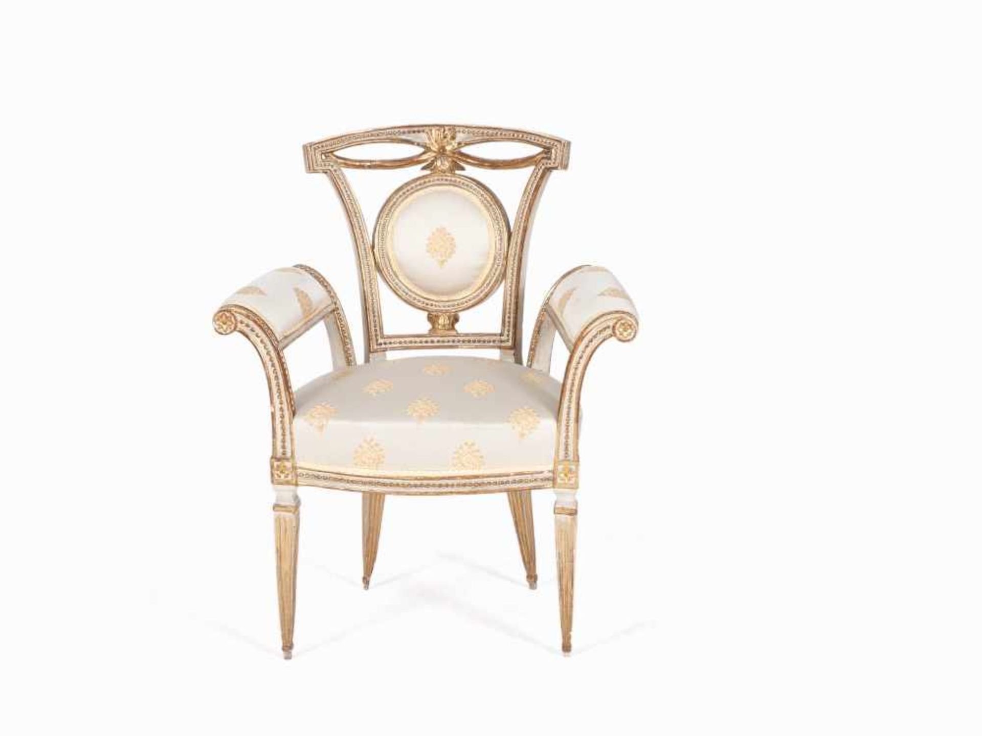 Pair of Armchairs, Lucca, around 1790 Solid wood, carved, white painted and partial gold-plated, - Image 3 of 10