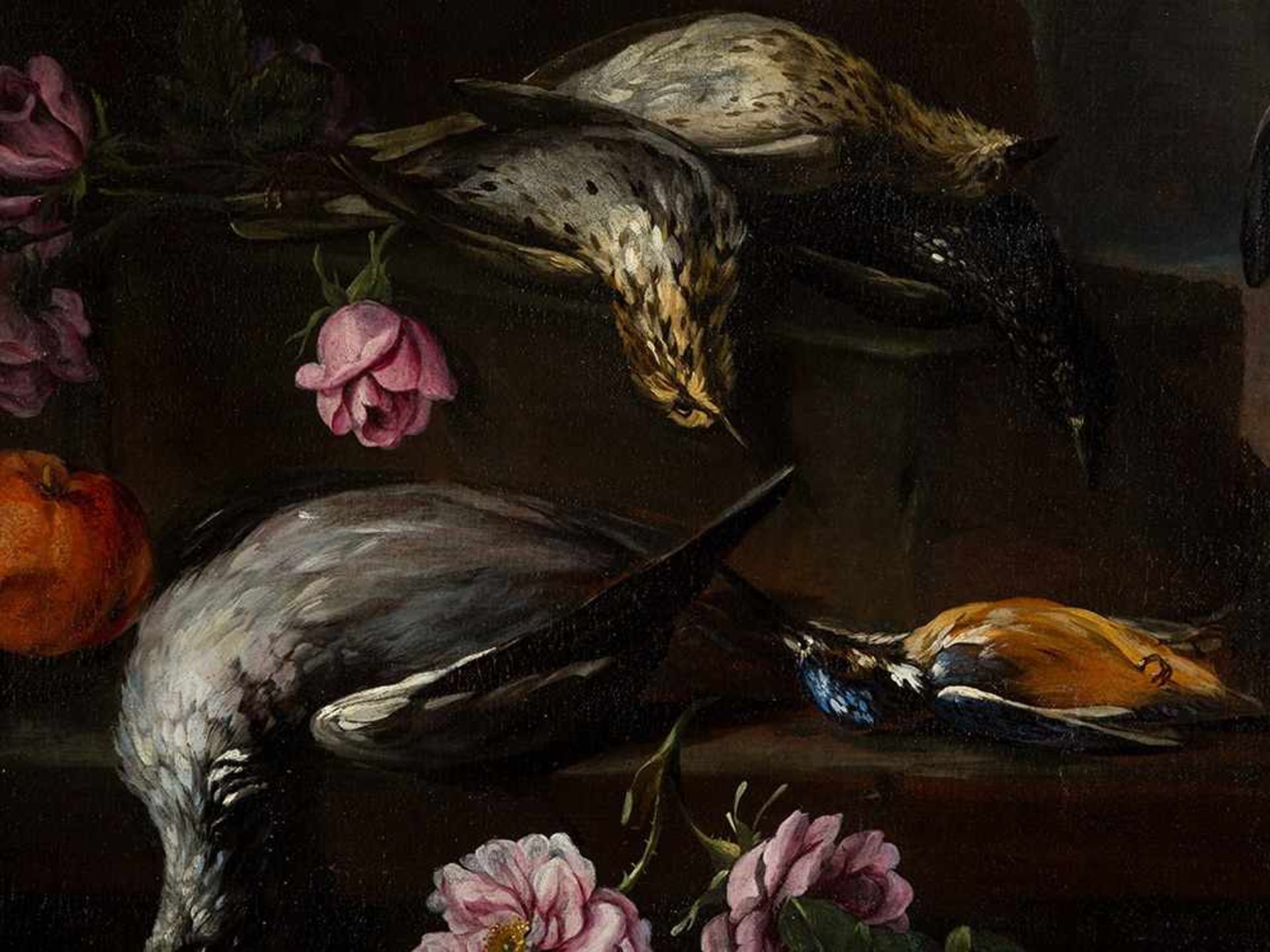 Giovanni Stanchi, Hunting Still Life with Flowers, Oil, 17th C. Oil on canvas, relined Italy, 17th - Bild 5 aus 9