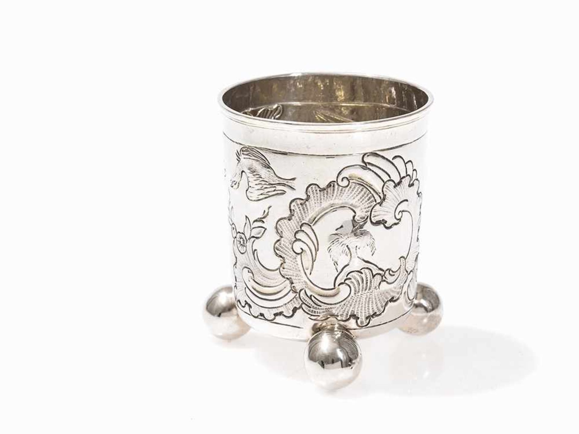 A Moscow Silver Beaker on Ball Feet with Bird Décor, 1766 Silver, embossed and chased Russia,