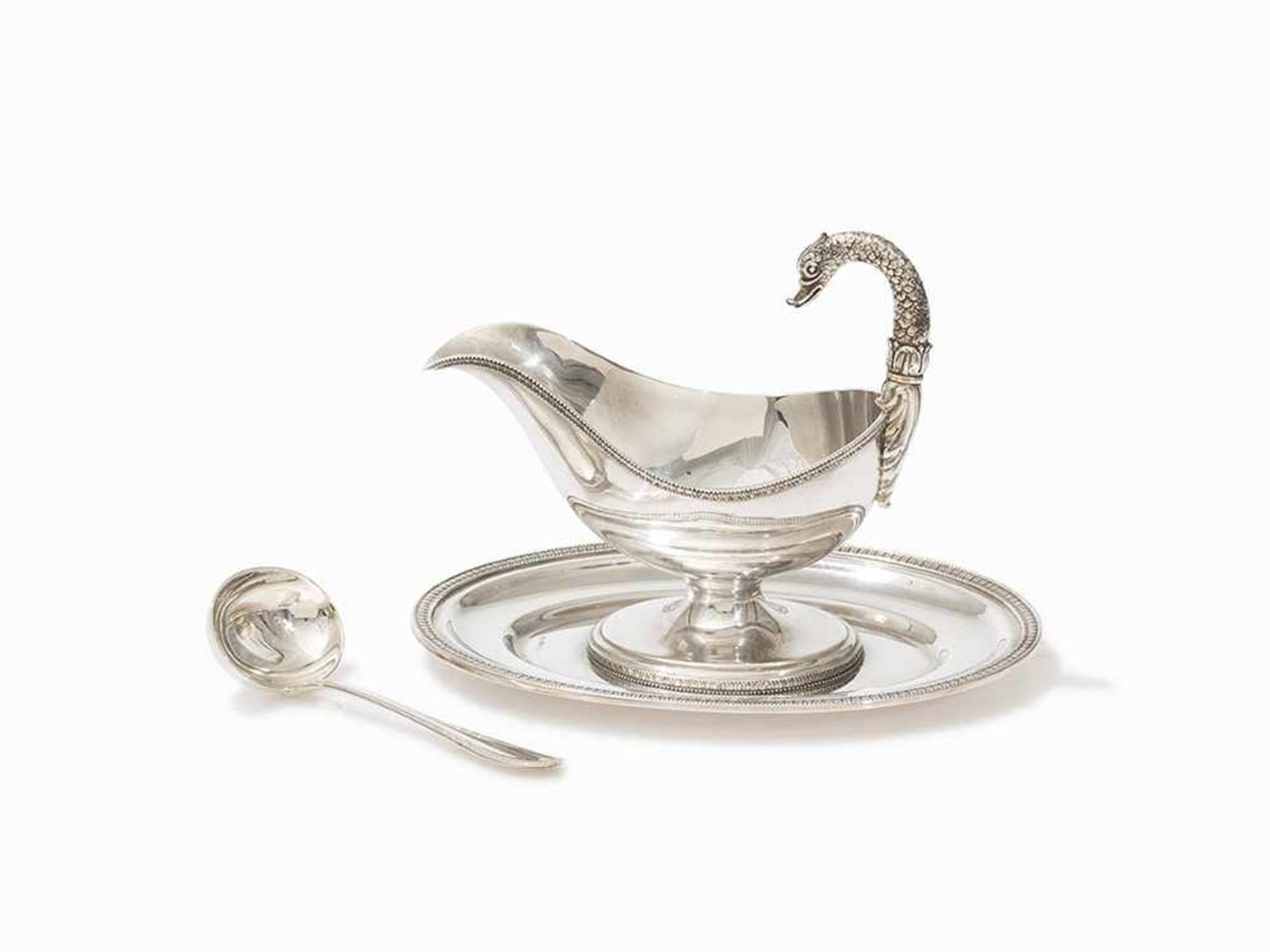 A Sauce Boat with Stand & Ladle, Ricci Argentieri, 20th C. 800 silver Italy, Alessandria, 2nd half