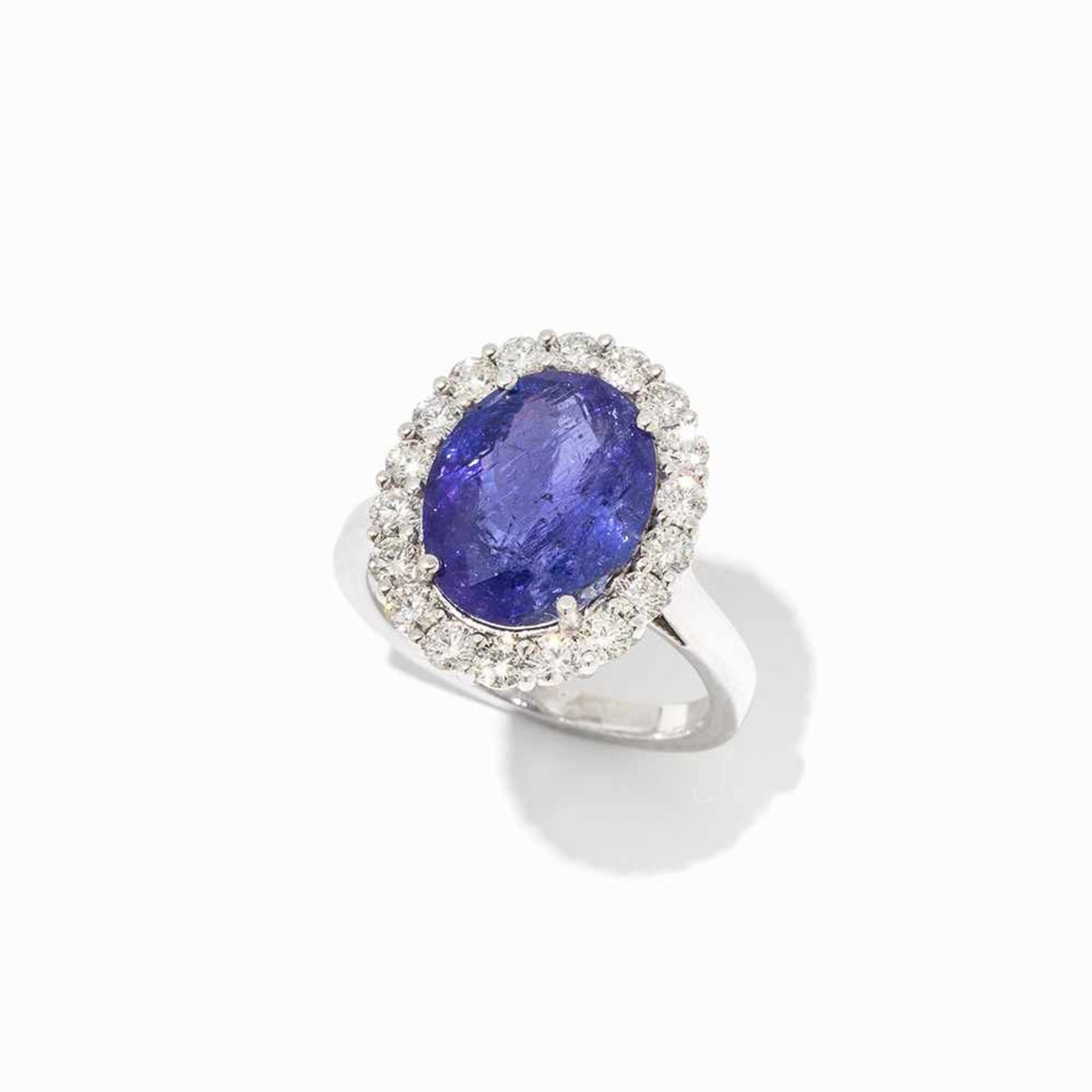 Tanzanite Ring with Brilliant Cut Diamond Border, 14K Gold 14 karat white gold Hallmarked with