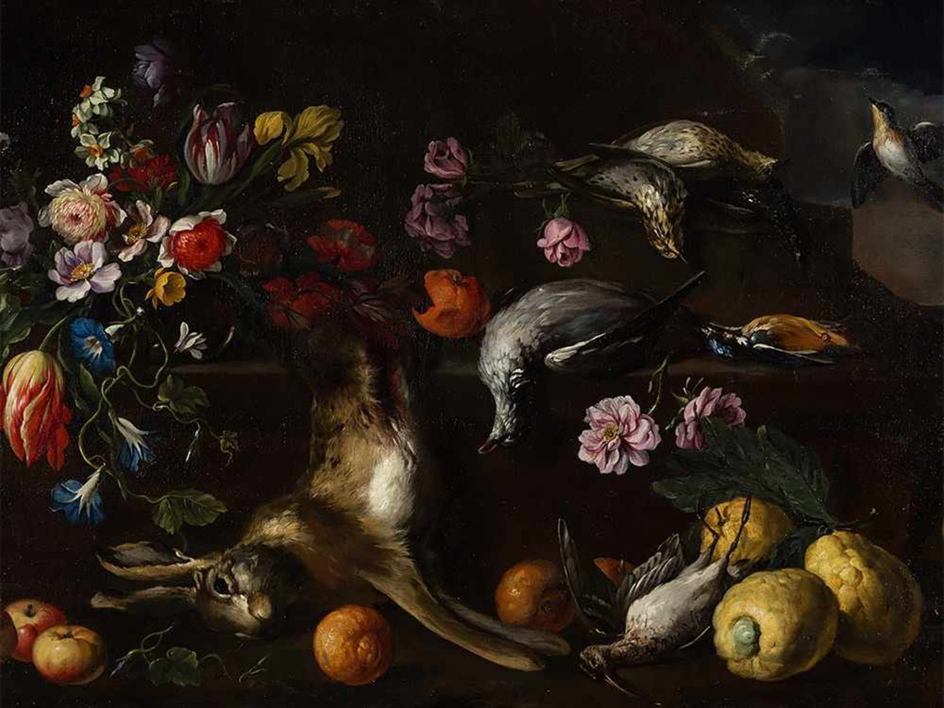 Giovanni Stanchi, Hunting Still Life with Flowers, Oil, 17th C. Oil on canvas, relined Italy, 17th