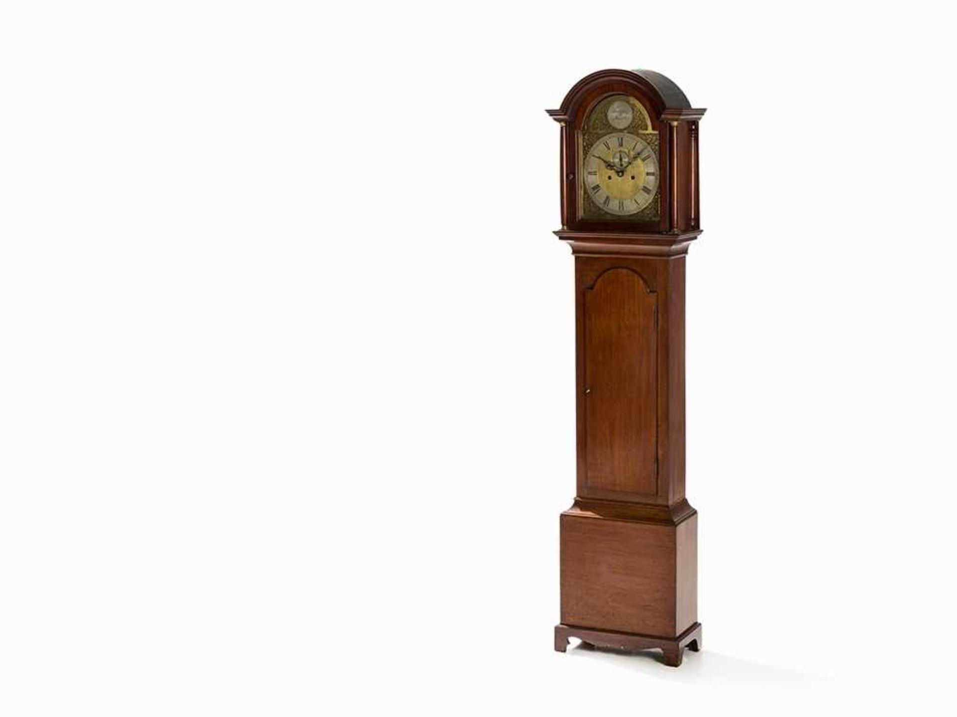 English Long Case Clock, Hour Strike & Small Second, 19th C. Mahogany veneer, brass, various metals,