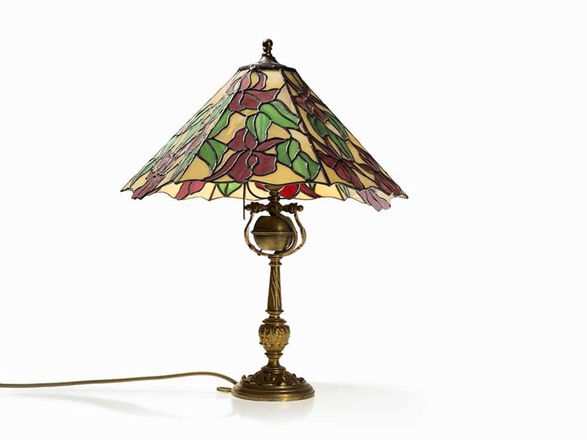 Tiffany Style, Table Lamp, Germany, 19 / 20th C. Brass, synthetics, porcelain, plumb Germany, 19/