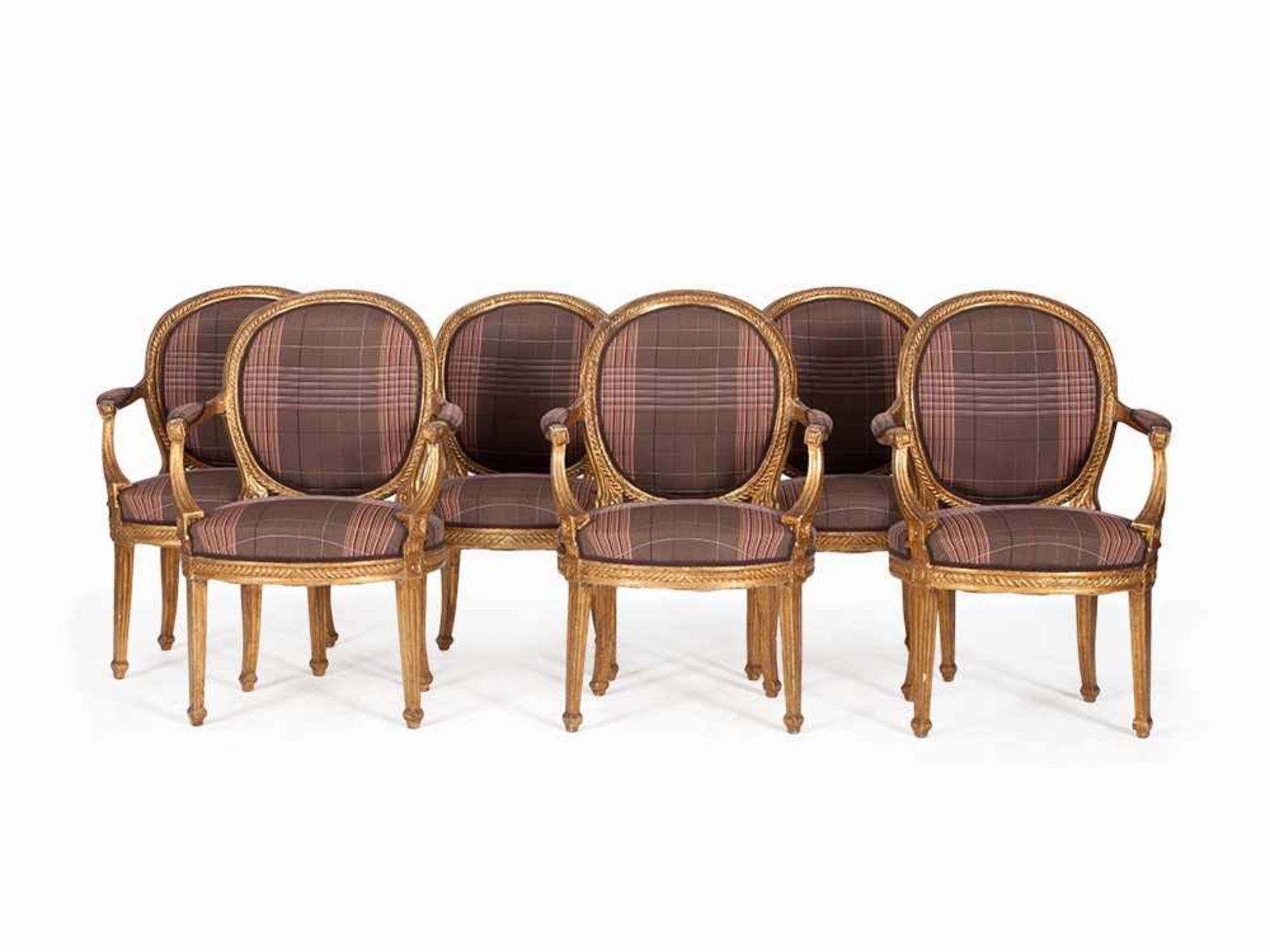 Set of Six Fauteuils, Lucca, around 1780 Solid wood, carved, chalk primed and gold-plated, checkered