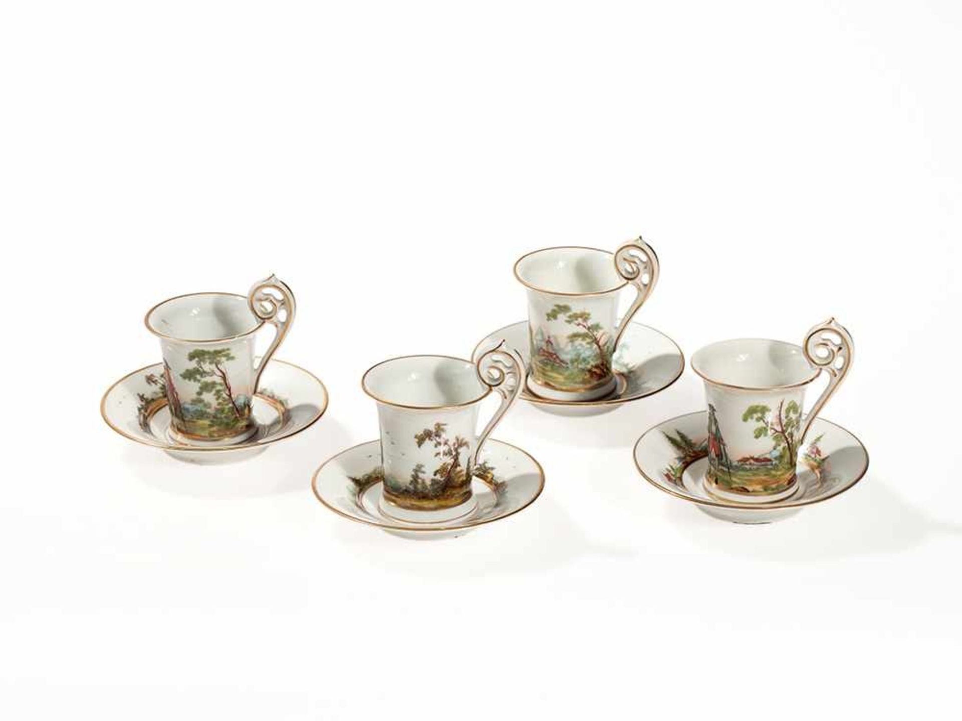 4 Hamann Porcelain Cups w/ Gold Accetuations, Dresden, 1903-33 Porcelain with colourful