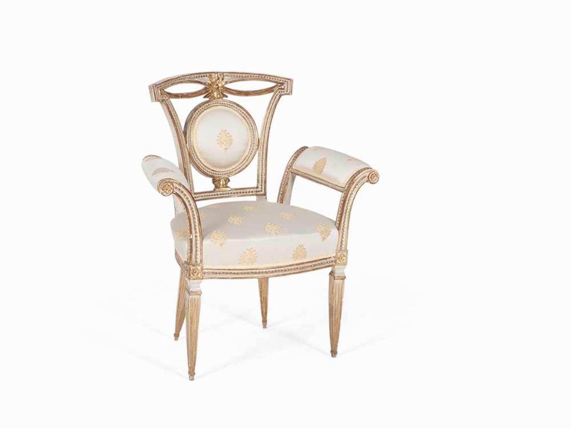 Pair of Armchairs, Lucca, around 1790 Solid wood, carved, white painted and partial gold-plated, - Bild 2 aus 10